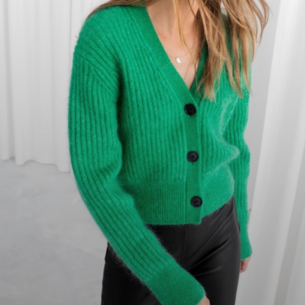 & Other Stories Green Rib Knit Cardigan